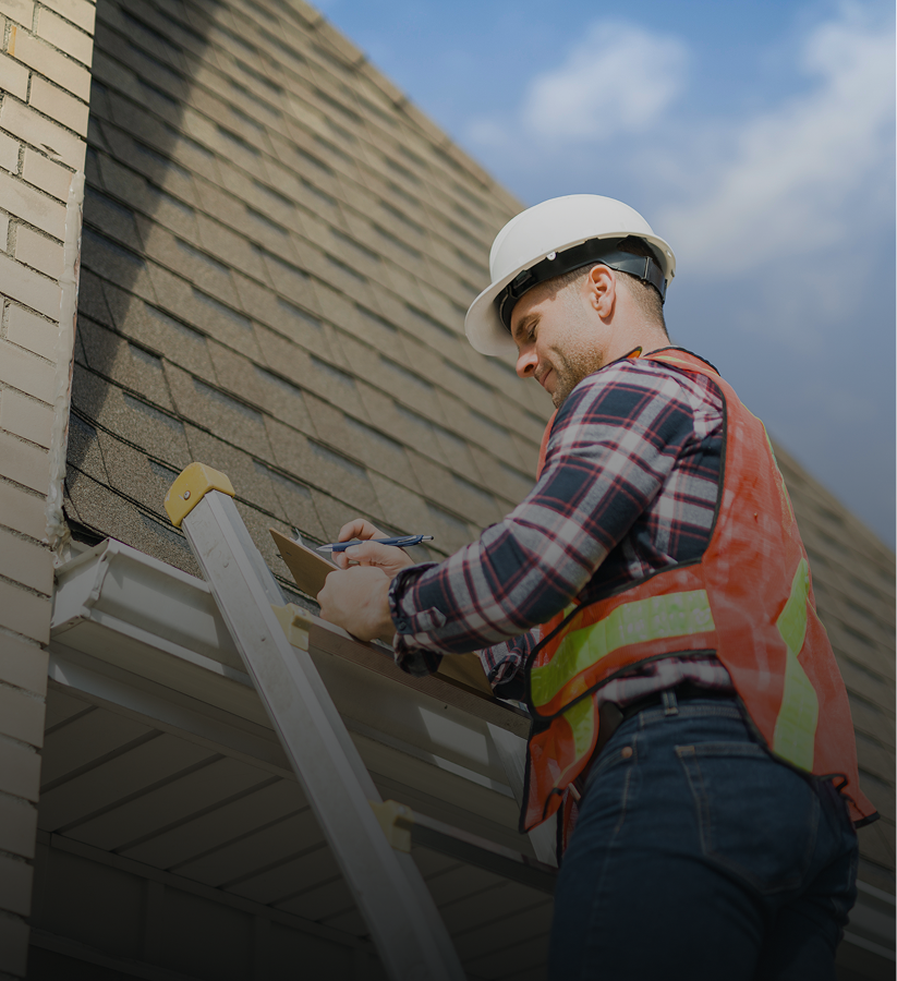 Construction worker inspecting roof on ladder.