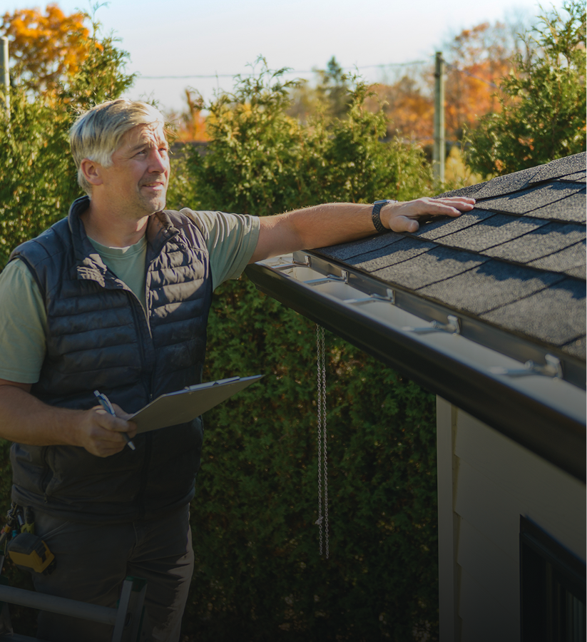 Man inspecting roof with clipboard outside.